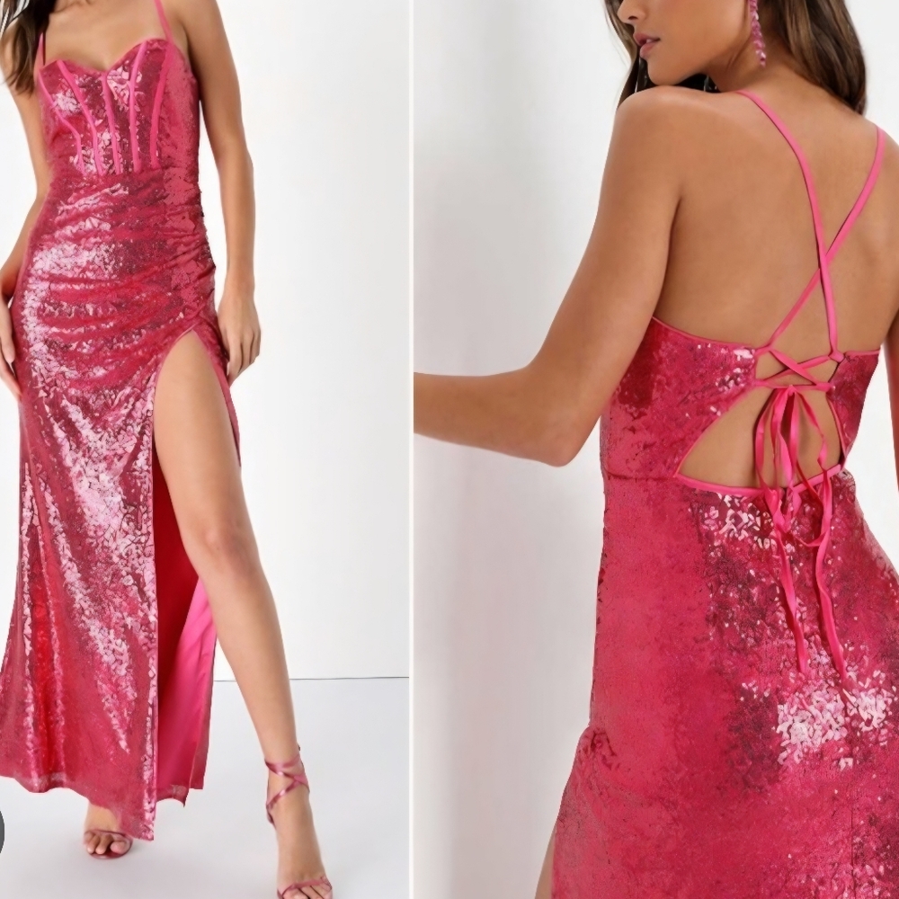 Lulu's Fuchsia Sequin Backless Dress